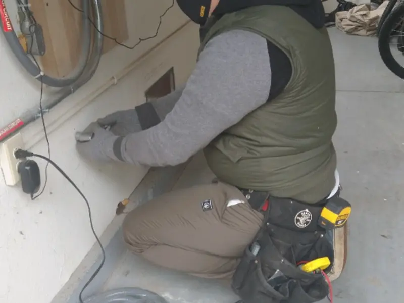 Electrician performing outlet wiring in a Sweet Home garage